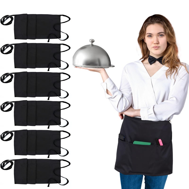 RUVANTI 6 Pack Server Aprons with Pockets, Black Apron for Men, PolyCotton Chef Aprons for Women with 29" Long Waist Strap - Image 1